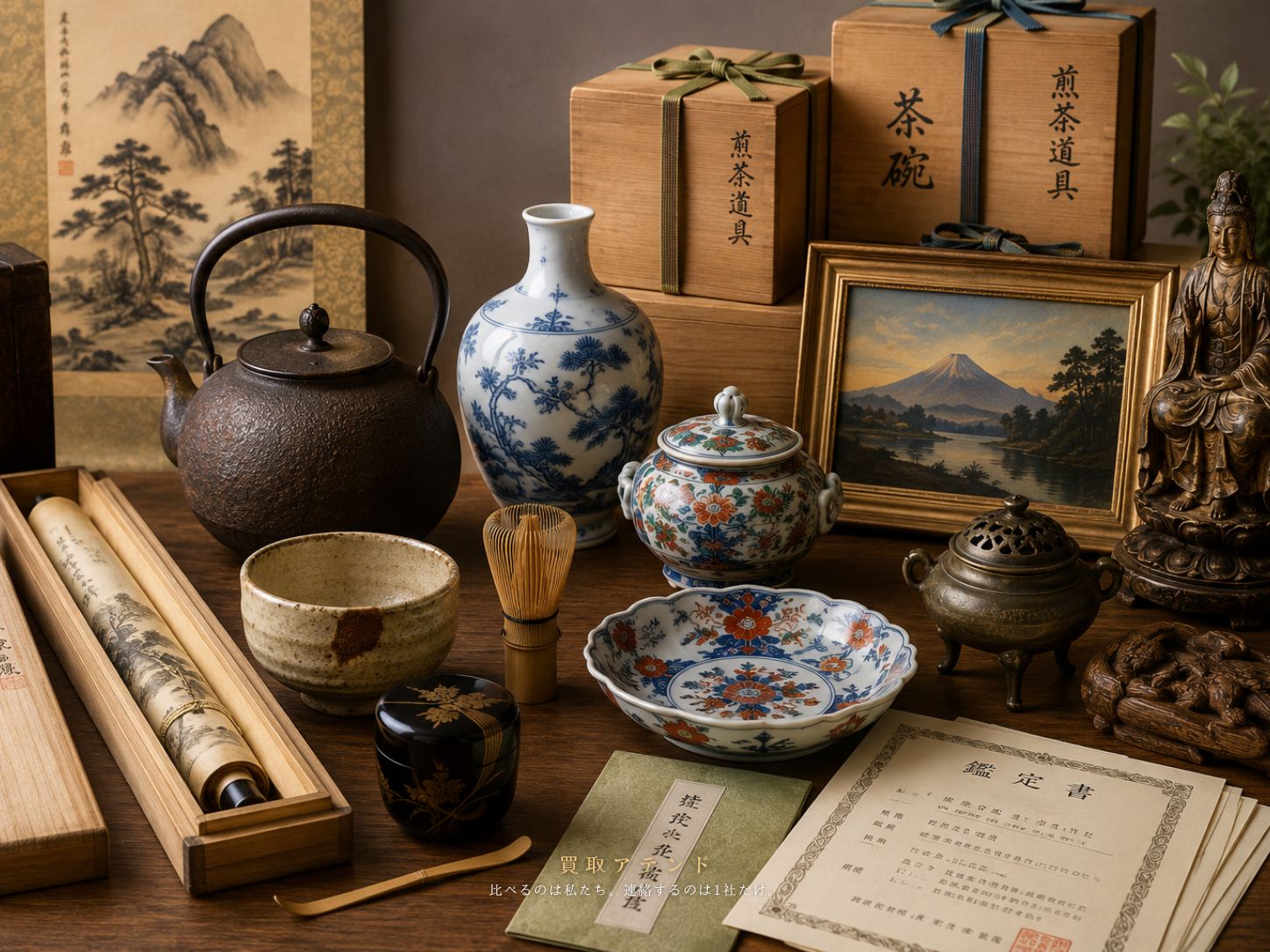 骨董品の出張買取で相談できる品物一覧 骨董品の出張買取で相談できる掛け軸・茶道具・陶器・絵画・古美術品のイメージ