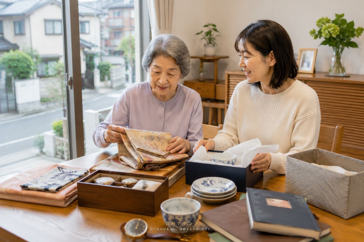 荒川区の自宅で日本人親子が売却を検討する品物を整理しているイメージ