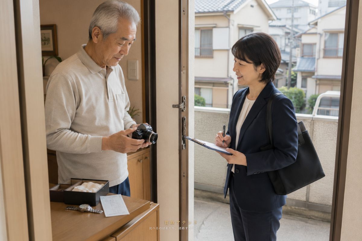 荒川区の集合住宅の玄関で住人が出張買取スタッフに品物を見せているイメージ