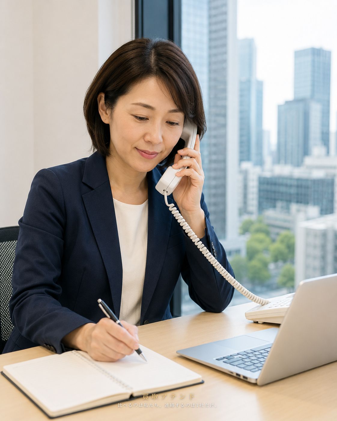 日本人スタッフが千代田区の出張買取相談内容を電話で確認しているイメージ