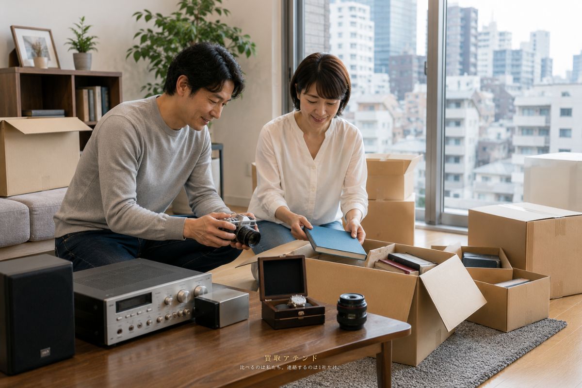 千代田区のマンションで日本人夫婦が引越し前に売却候補の品物を整理しているイメージ