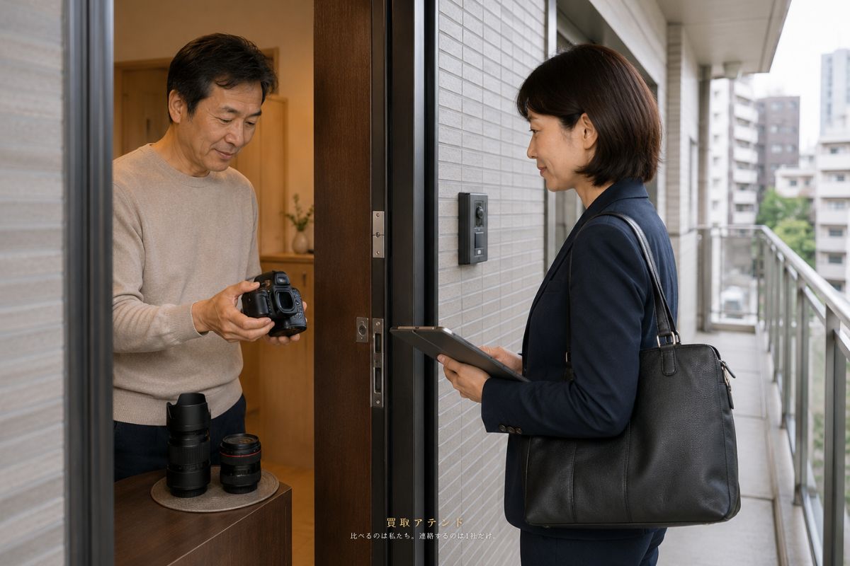 千代田区のマンション玄関で住人が共用廊下側の出張買取スタッフに品物を見せているイメージ
