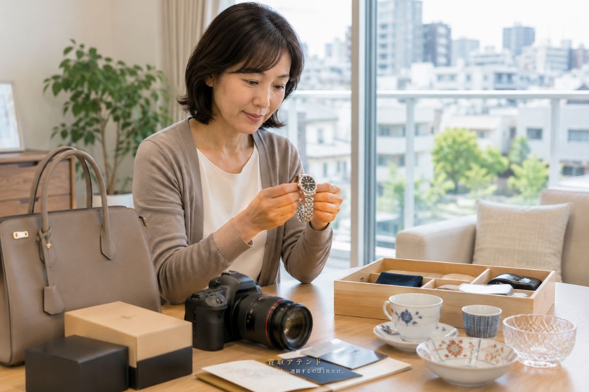 千代田区の住まいで出張買取を相談できるブランド品や時計やカメラなどを整理しているイメージ