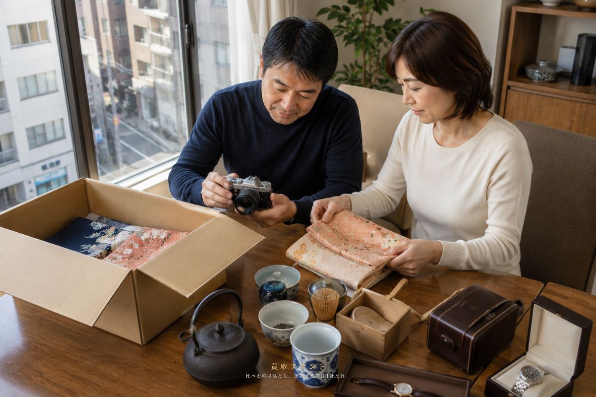 中央区の住居で日本人夫婦が出張買取を相談する品物を整理しているイメージ