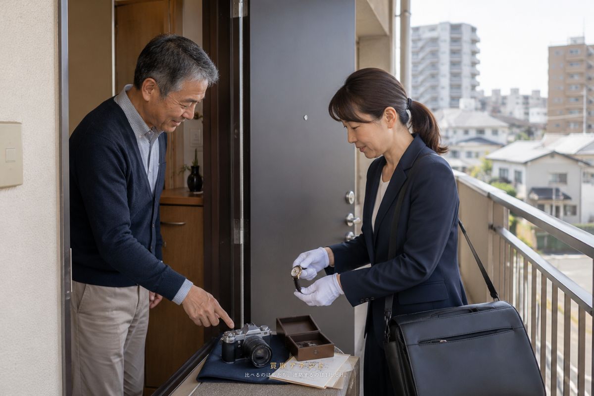中央区の集合住宅玄関で住人が出張買取スタッフと品物を確認しているイメージ