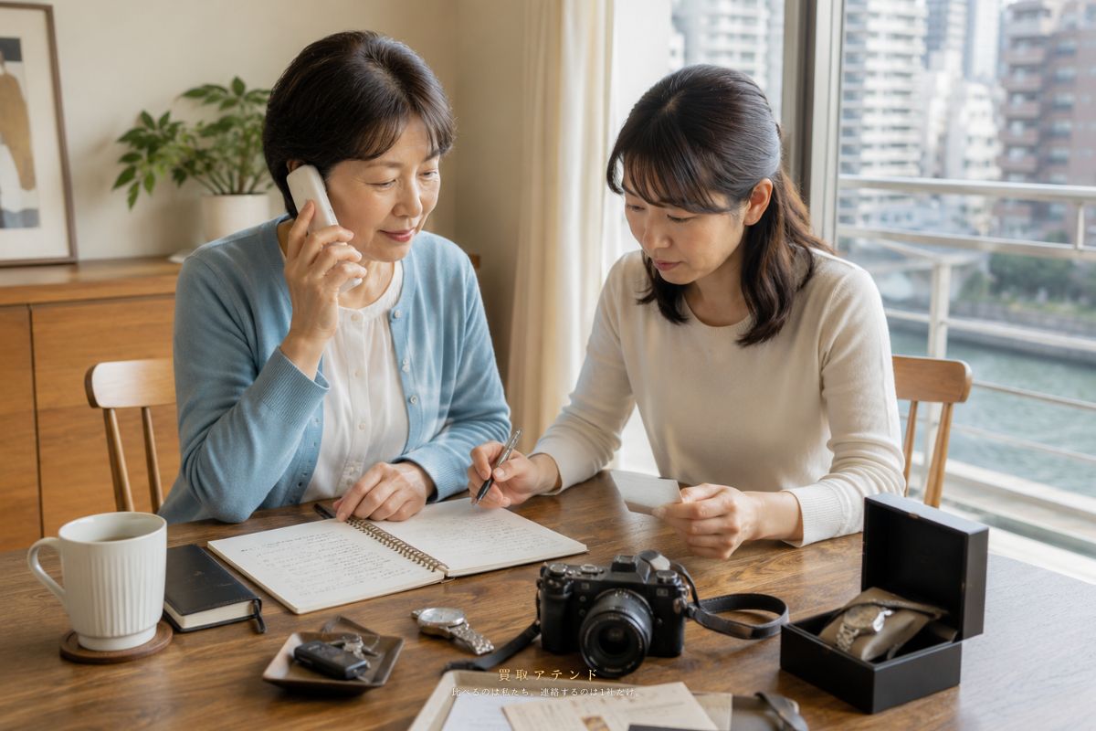 日本人親子が中央区の出張買取相談内容を電話とメモで確認しているイメージ
