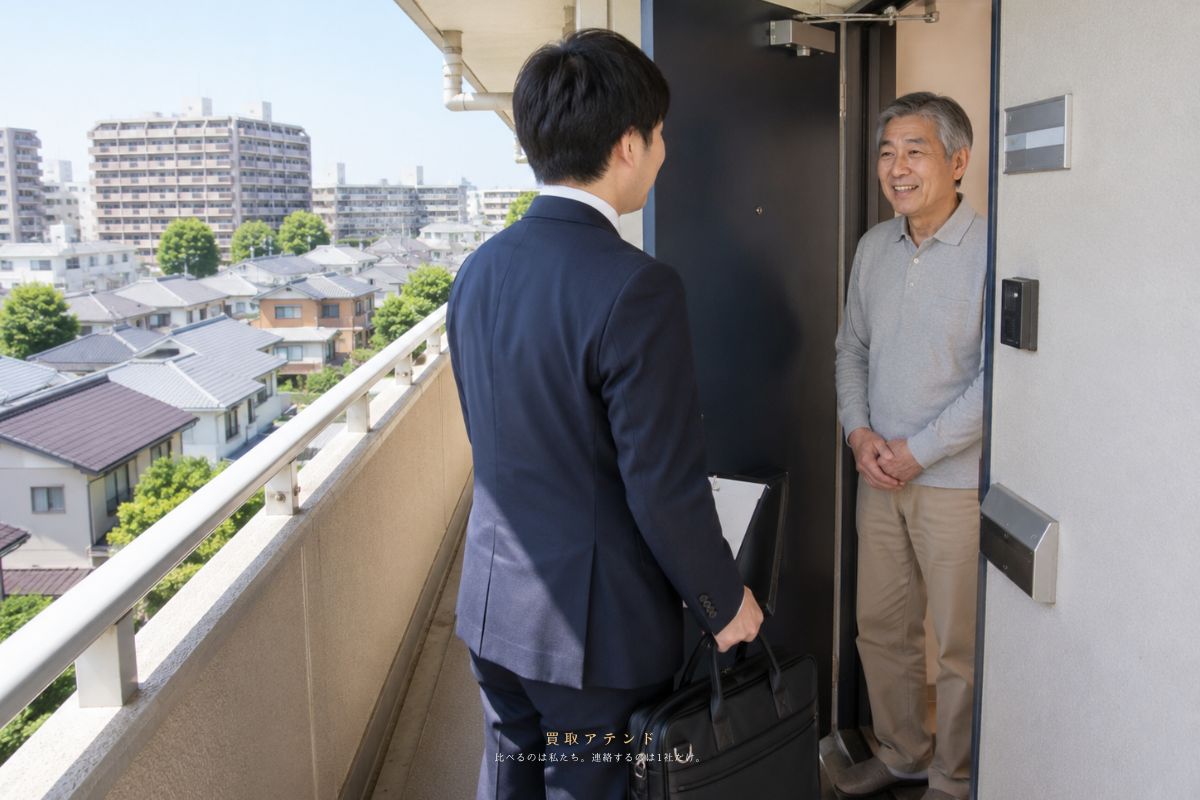 江戸川区の住宅街と集合住宅へ出張買取スタッフが訪問するイメージ