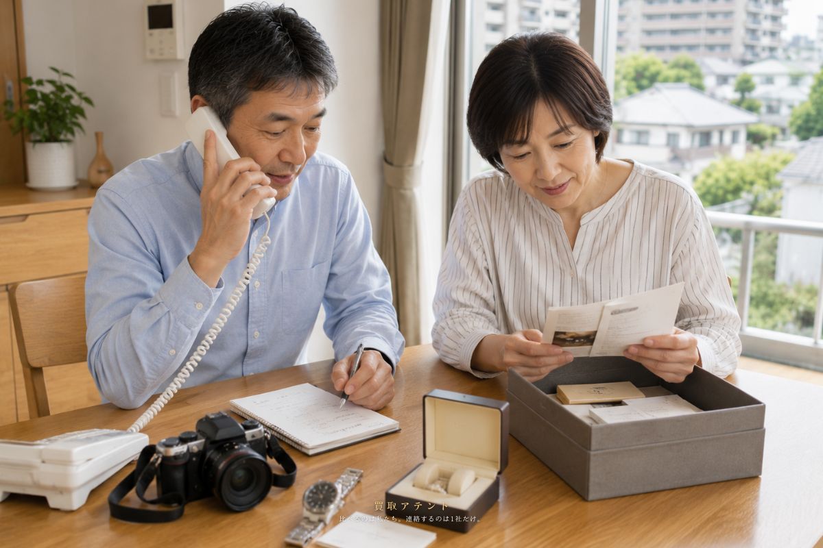 日本人夫婦が江戸川区の出張買取相談内容を電話とメモで確認しているイメージ