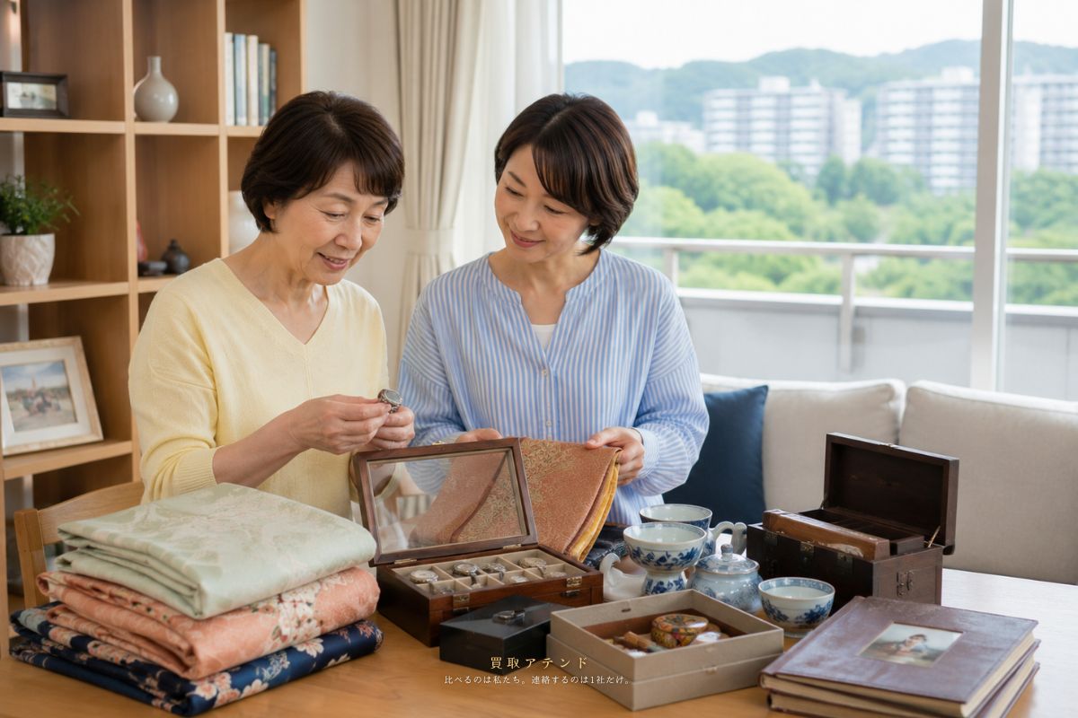 八王子市の自宅で出張買取の相談品を整理するイメージ 八王子市のマンションで日本人親子が出張買取の相談品を整理しているイメージ