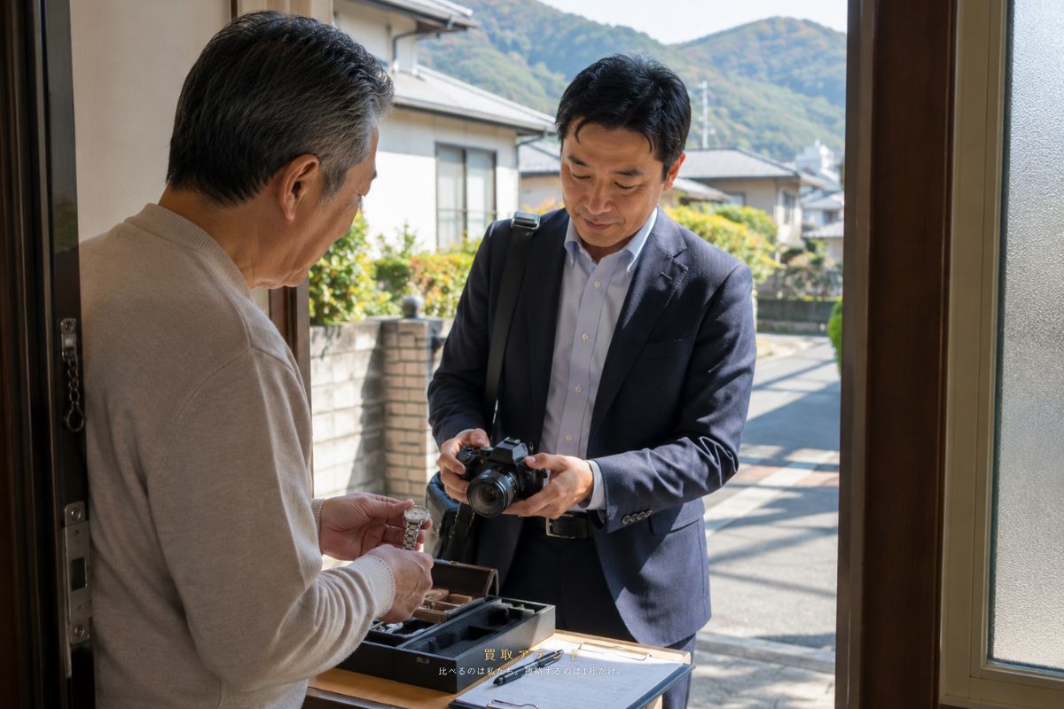 八王子市の玄関で出張買取スタッフと品物を確認するイメージ 八王子市の戸建て玄関で住人が共用部分側の出張買取スタッフと品物を確認するイメージ