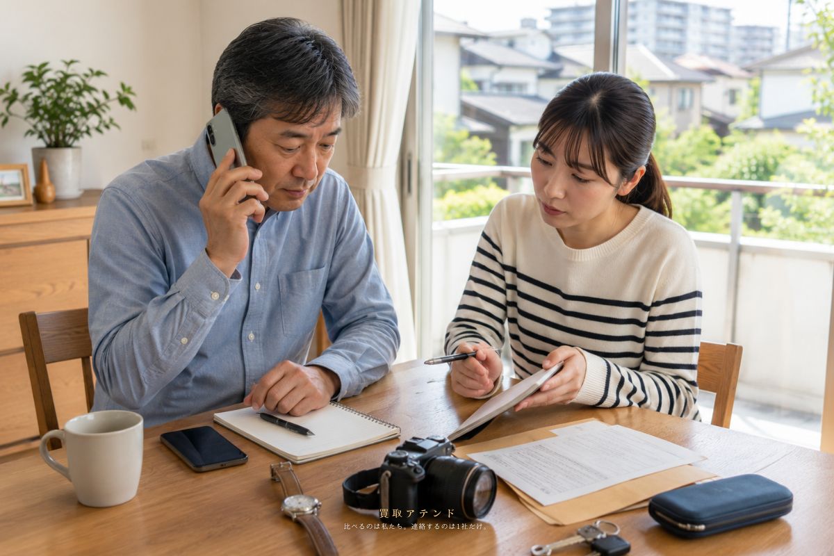 八王子市の出張買取相談前に内容を確認するイメージ 日本人家族が八王子市の出張買取相談内容を電話とメモで確認しているイメージ