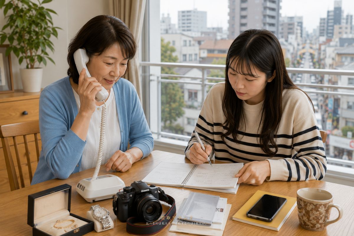 板橋区の出張買取相談前に内容を確認するイメージ 日本人家族が板橋区の出張買取相談内容を電話とメモで確認しているイメージ