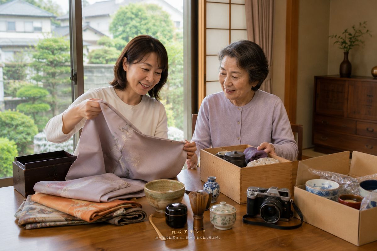 葛飾区の自宅で家族が売りたい品物を確認している出張買取相談のイメージ
