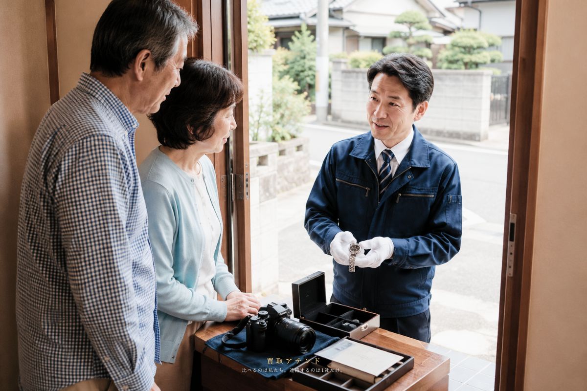 葛飾区の自宅玄関で住人と出張買取スタッフが査定内容を確認しているイメージ