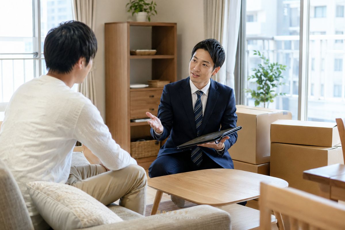 赤羽のマンションで家具整理を相談する出張買取の様子 北区赤羽のマンションで家具整理について相談するお客様と査定員の様子