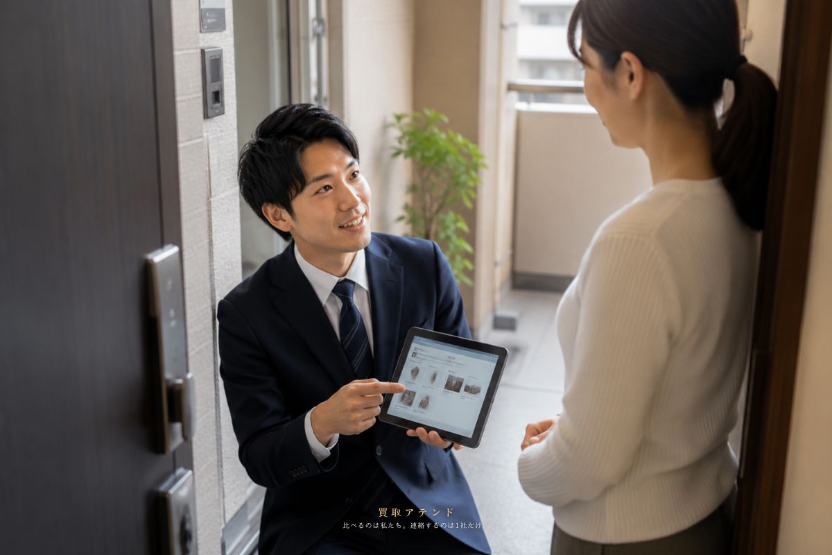 田端の玄関で出張買取を相談する様子 北区田端の玄関で出張買取相談をするお客様と査定員の様子
