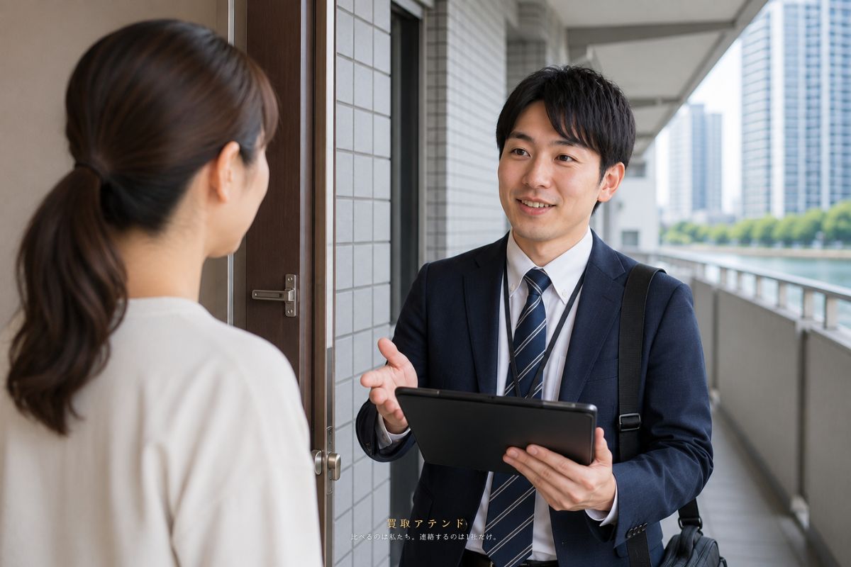 江東区の住宅で出張買取の訪問査定について説明する日本人スタッフ