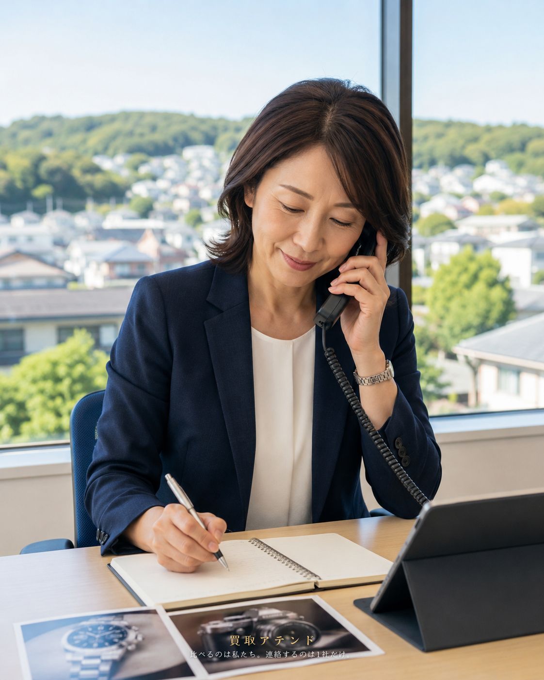 町田市の出張買取相談を電話確認する日本人スタッフ 日本人スタッフが町田市の出張買取相談内容を電話で確認しているイメージ