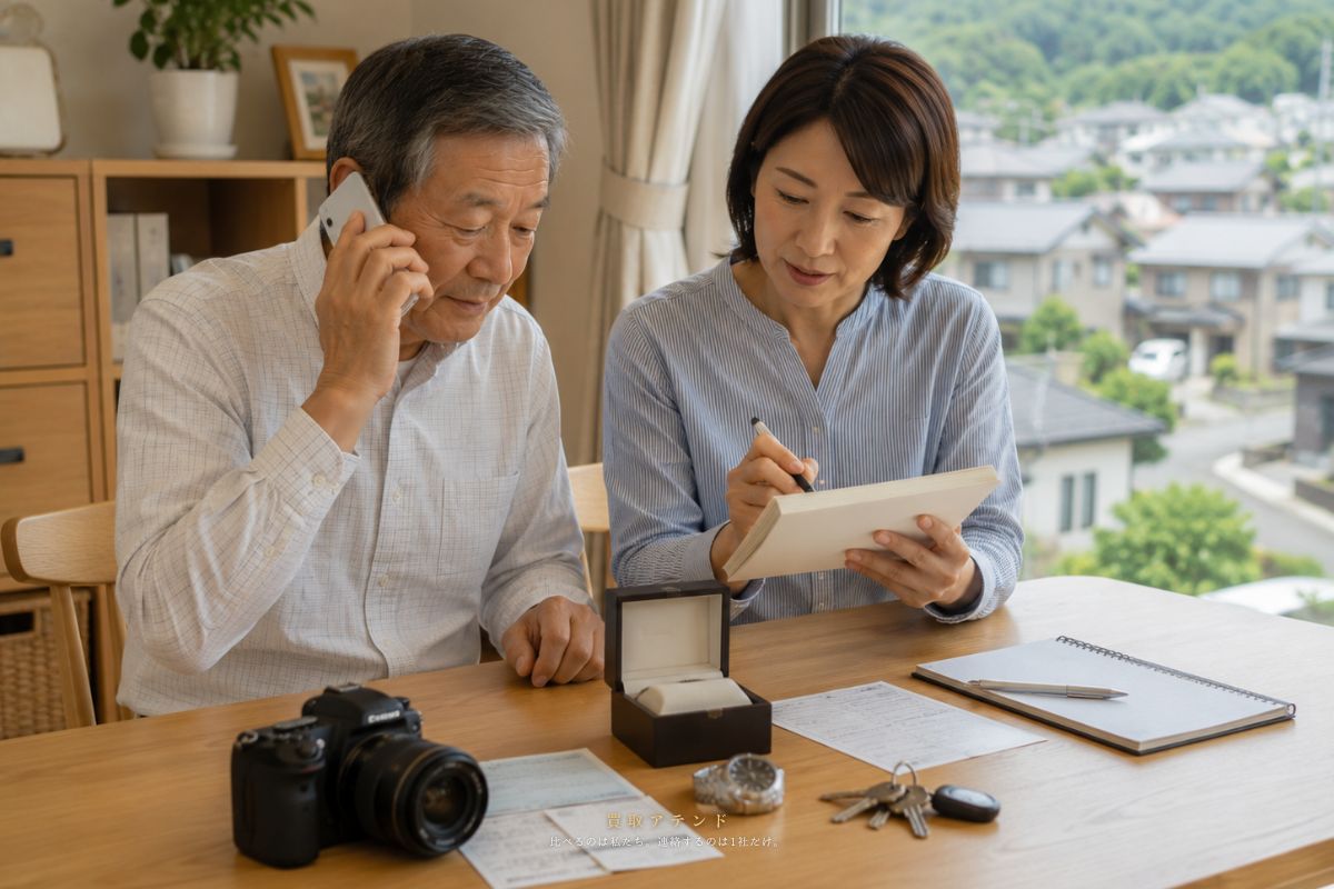 町田市の出張買取相談前に電話とメモで確認するイメージ 日本人親子が町田市の戸建てで出張買取相談の品物と建物条件を電話とメモで確認しているイメージ