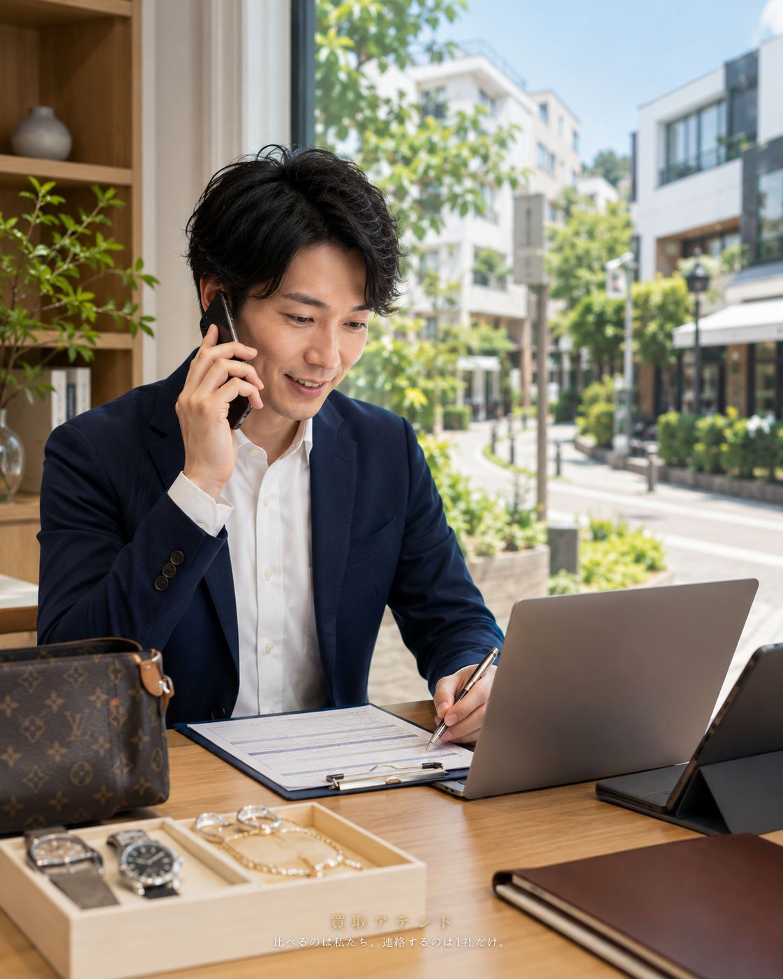 日本人スタッフが目黒区の出張買取相談内容を電話で確認しているイメージ