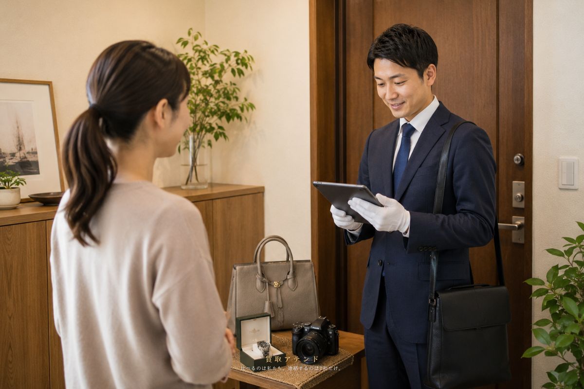 目黒区の自宅玄関内で出張買取スタッフが利用者と品物を確認しているイメージ