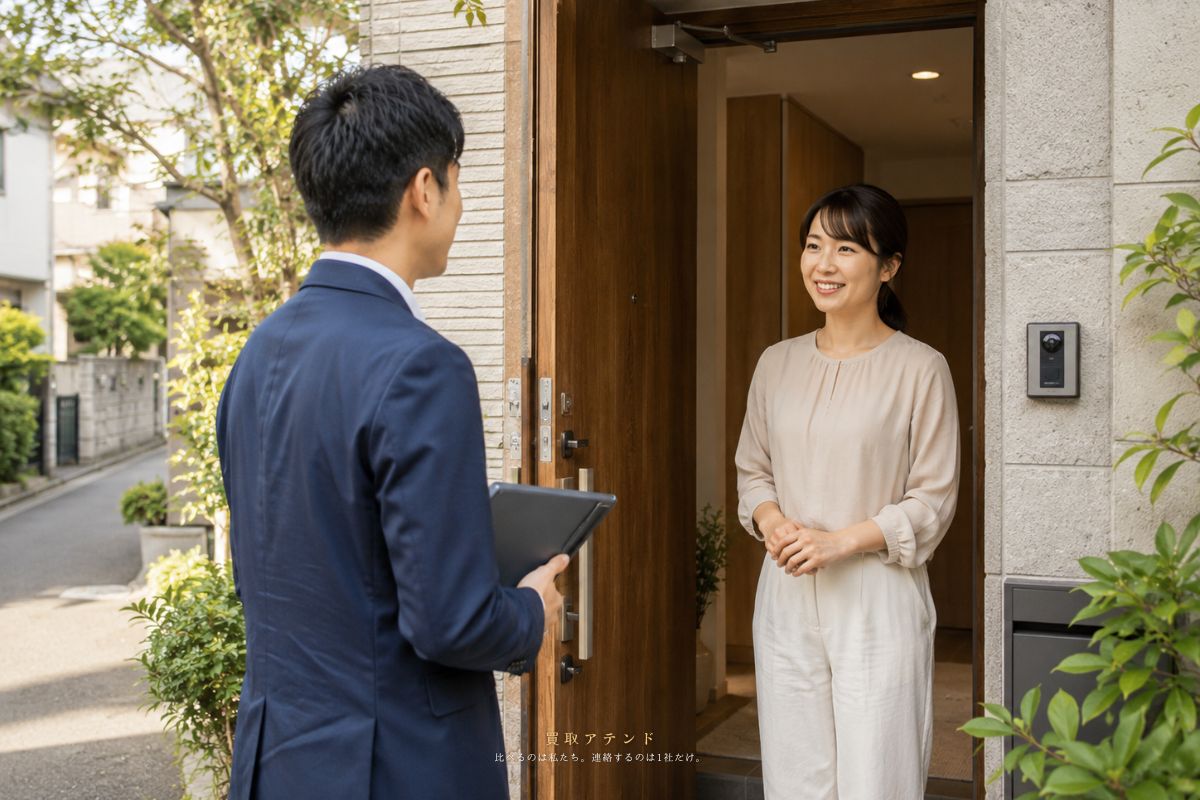 目黒区の落ち着いた住宅街に出張買取スタッフが訪問するイメージ