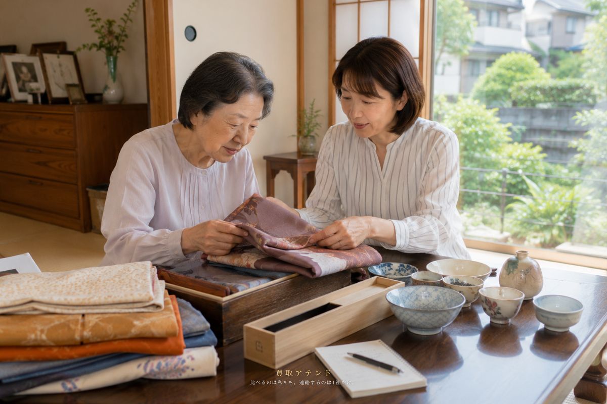 三鷹市の自宅で出張買取の相談品を確認するイメージ 日本人の親子が三鷹市の戸建てで出張買取を相談する品物を確認しているイメージ
