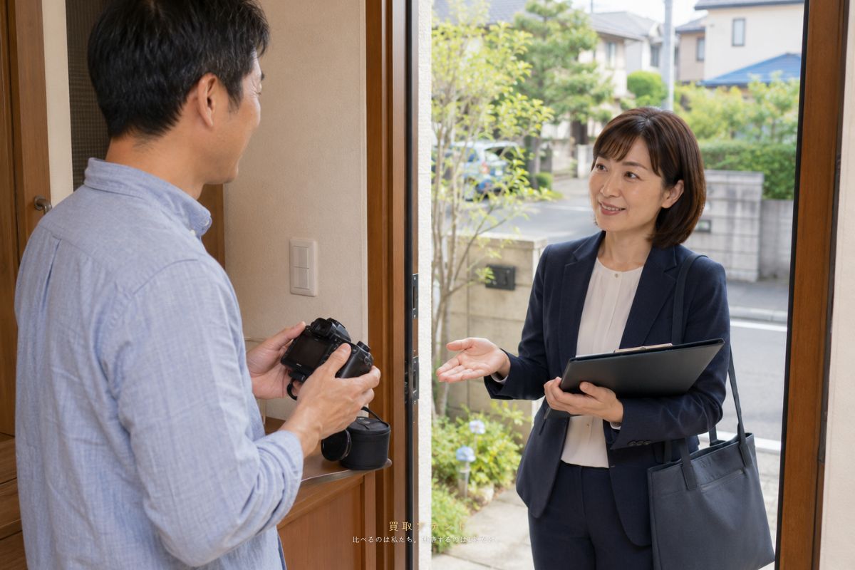 三鷹市の玄関で出張買取の訪問対応をするイメージ 三鷹市の戸建て玄関で住人が室内側から出張買取スタッフと品物を確認するイメージ