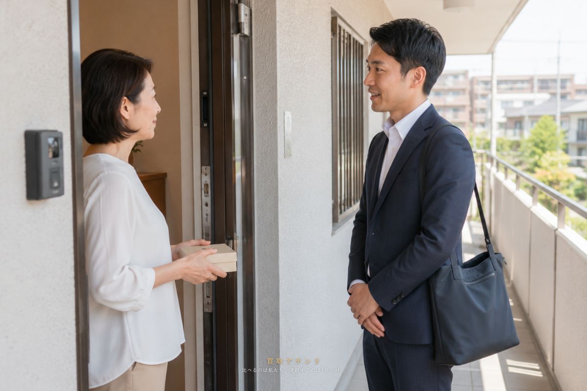 三鷹市の住宅へ出張買取スタッフが訪問するイメージ 三鷹市の低層マンションの玄関外で出張買取スタッフが訪問するイメージ