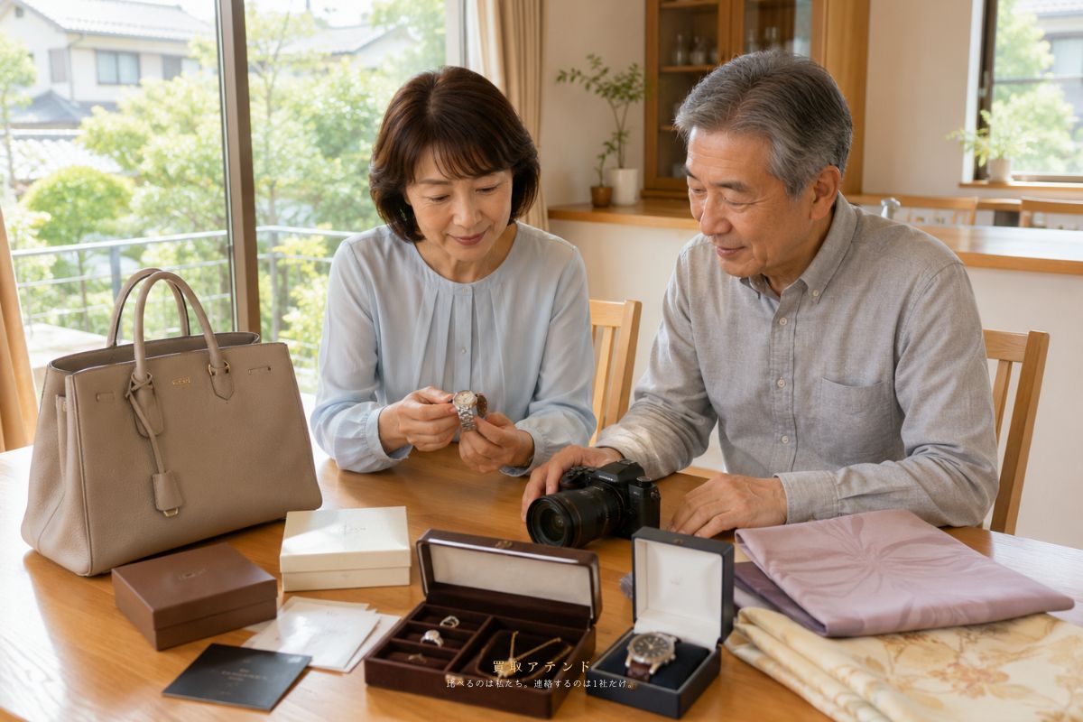三鷹市で出張買取を相談できる品物のイメージ 三鷹市の住宅でブランド品や時計やカメラなどの買取相談品を確認するイメージ