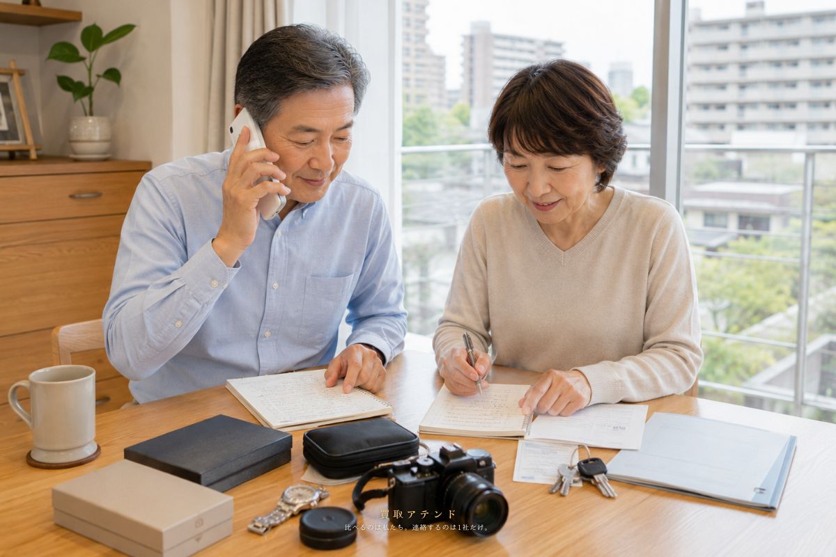 三鷹市の出張買取相談前に電話とメモで確認するイメージ 日本人夫婦が三鷹市の出張買取相談内容を電話とメモで確認しているイメージ