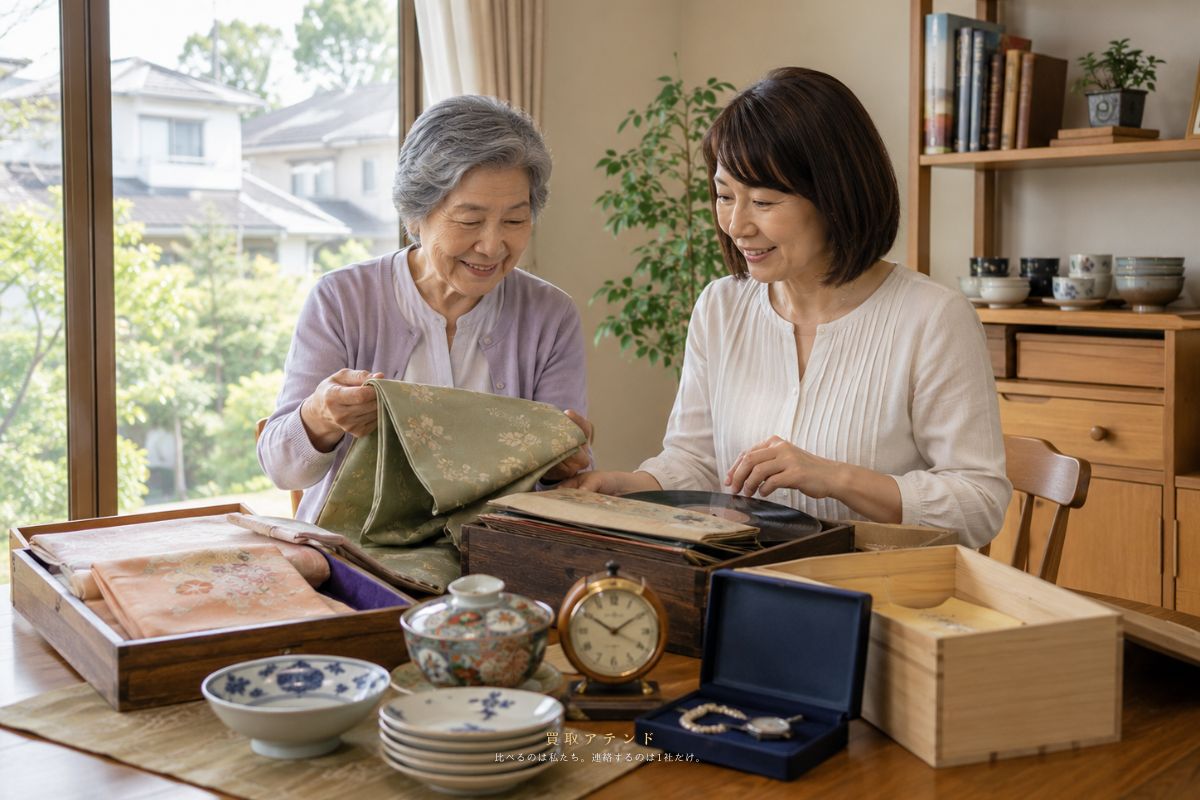 武蔵野市の戸建てで日本人親子が出張買取に相談する品物を整理しているイメージ