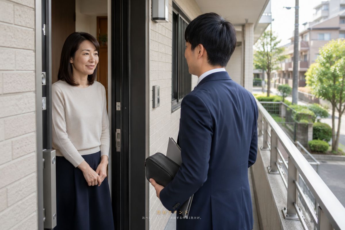 武蔵野市の住宅街にあるマンション玄関で出張買取スタッフが訪問するイメージ