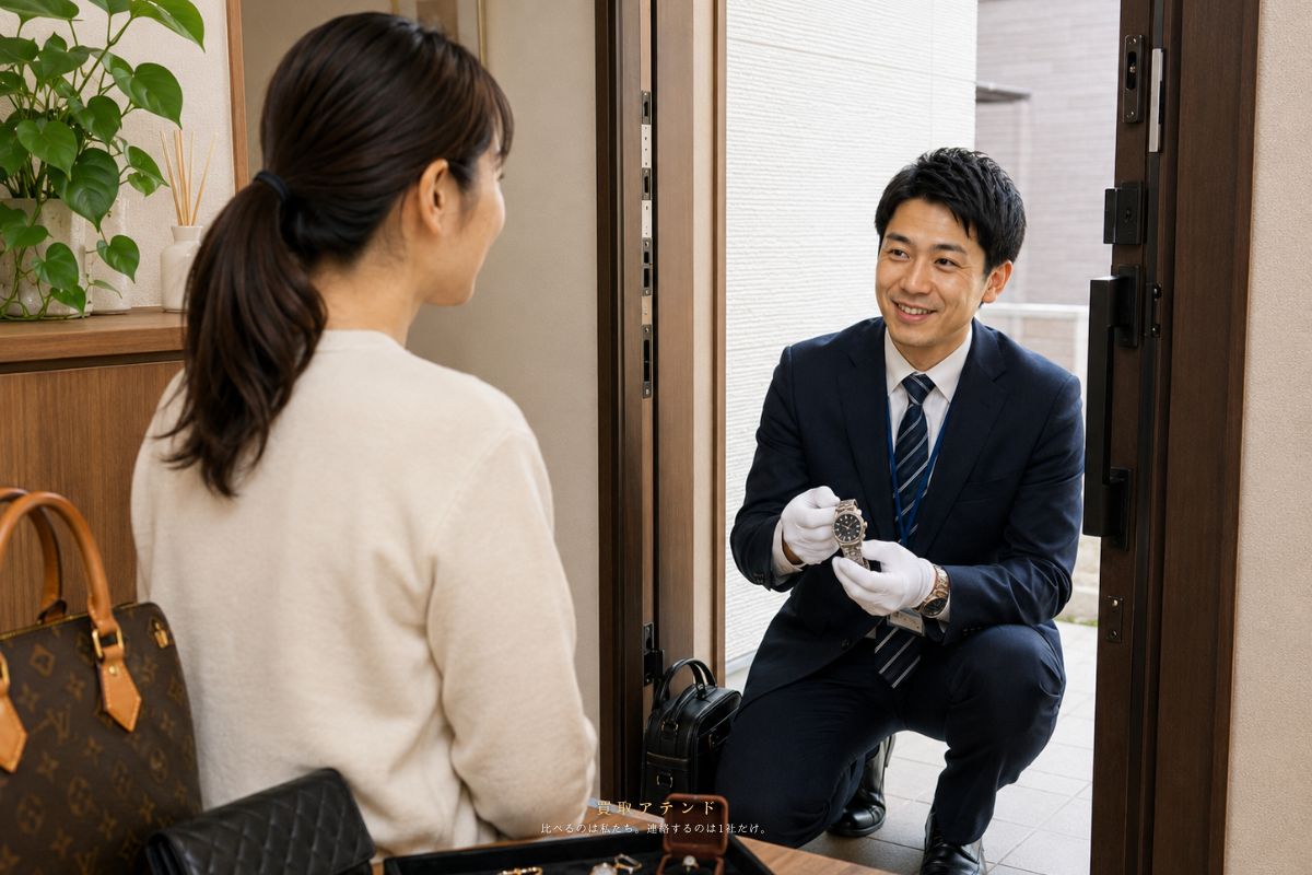 中野区の自宅玄関内で出張買取の相談をしながら品物を確認しているイメージ