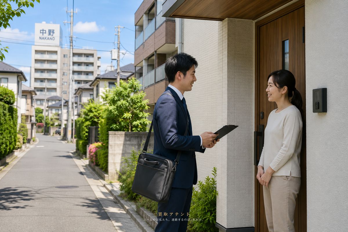 中野区の住宅街やマンションへ出張買取スタッフが訪問するイメージ