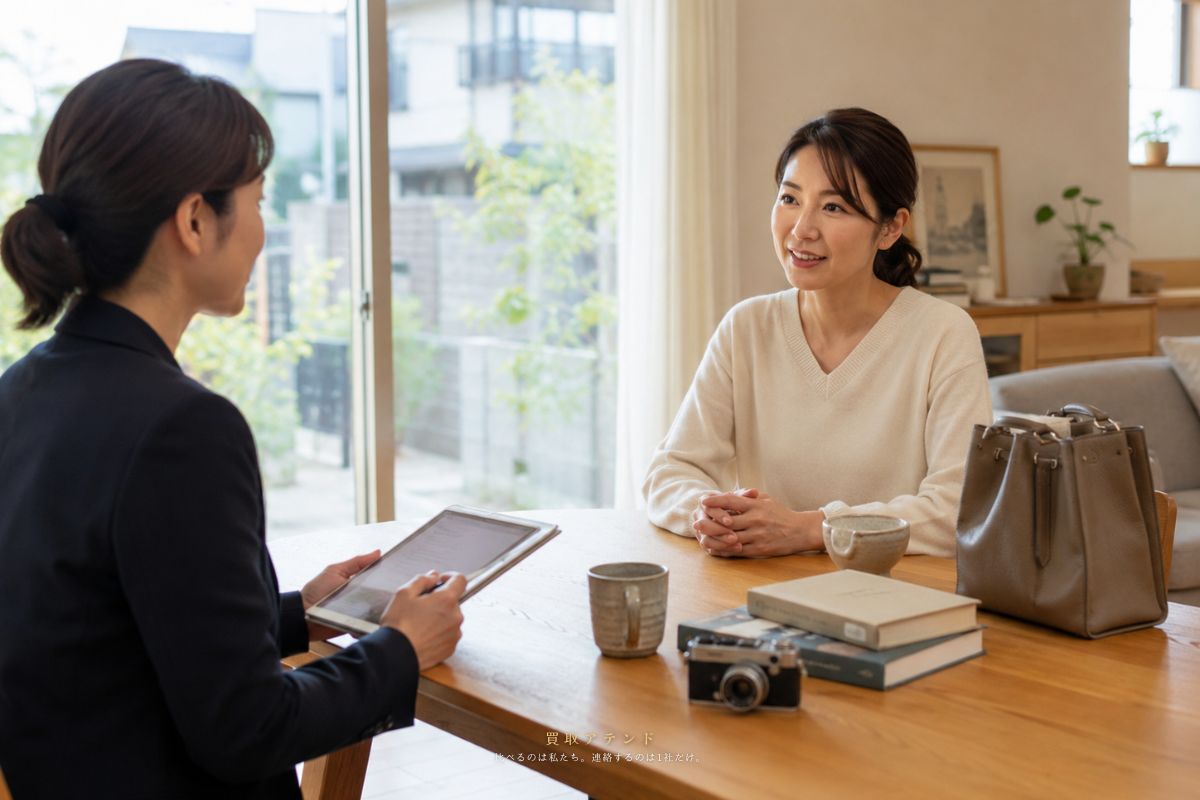 世田谷区の戸建て住宅内で出張買取スタッフが利用者と品物について相談しているイメージ