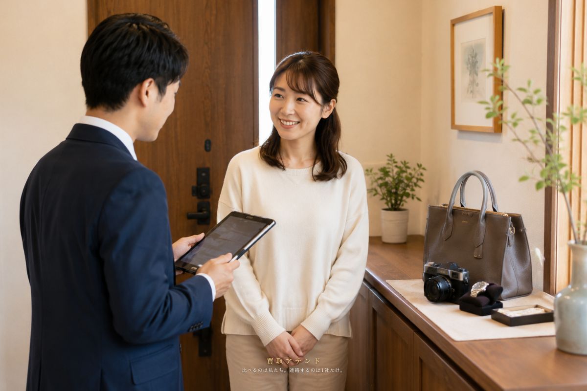 世田谷区の戸建て住宅の玄関内で出張買取スタッフが利用者と品物を確認しているイメージ