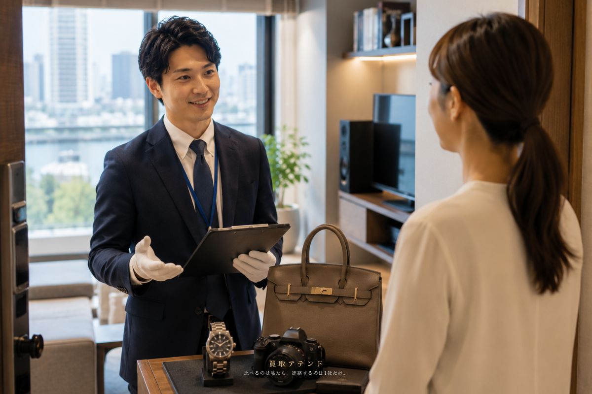 品川区のマンション玄関内で出張買取スタッフが利用者と品物について相談しているイメージ