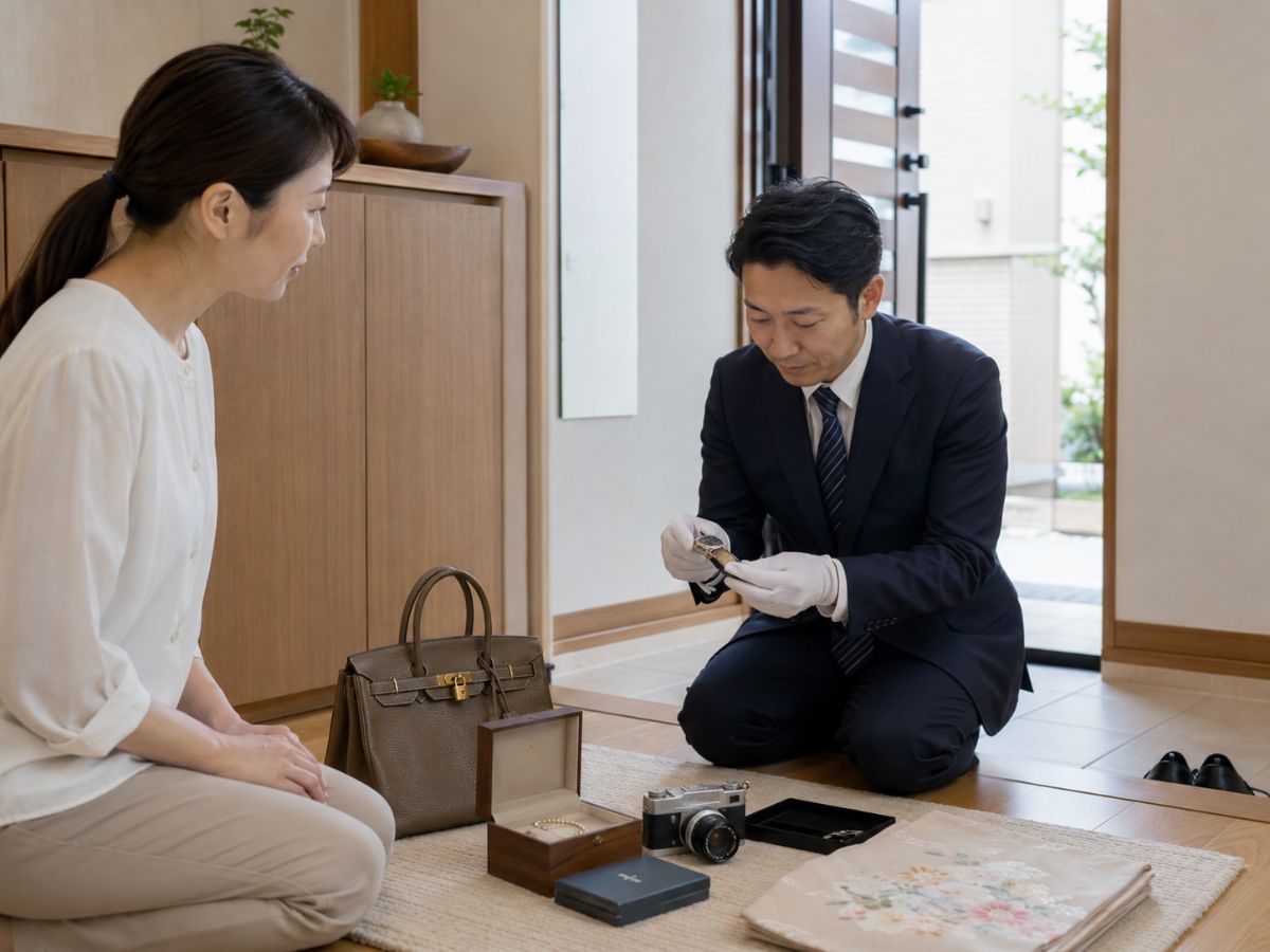 新宿区の自宅玄関で出張買取スタッフが品物を査定しているイメージ