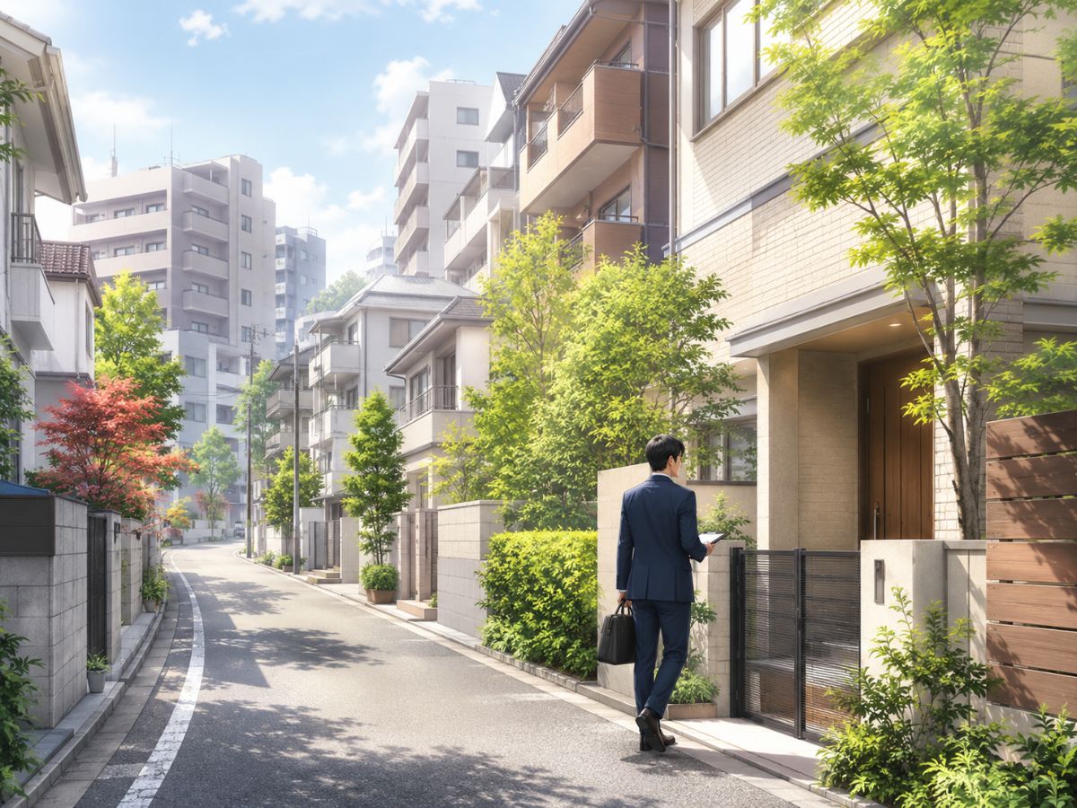新宿区の住宅街やマンションへ出張買取スタッフが訪問するイメージ
