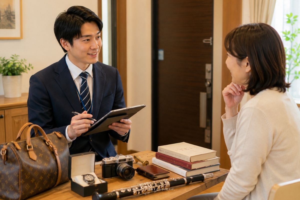 杉並区の自宅で利用者が出張買取を相談する品物を確認しているイメージ