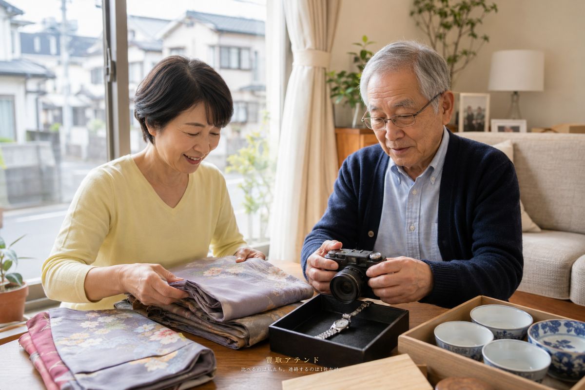 墨田区で出張買取を相談する生活シーンのイメージ 墨田区の明るい住まいで売却予定の品物を整理しているイメージ