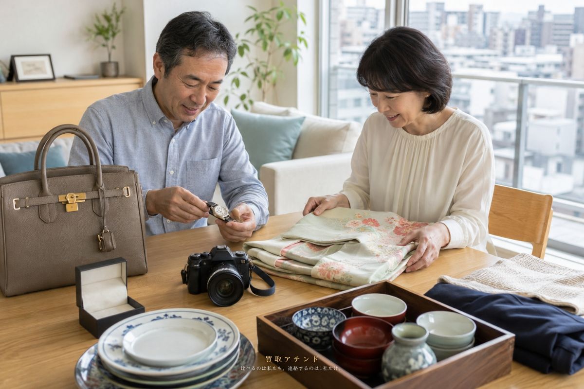 墨田区で出張買取を相談できる品物のイメージ 墨田区の住まいでブランド品や時計、カメラ、着物などを整理しているイメージ