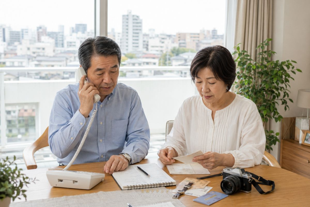 墨田区の出張買取相談前に内容を確認するイメージ 日本人の夫婦が出張買取の相談内容を電話とメモで事前確認しているイメージ
