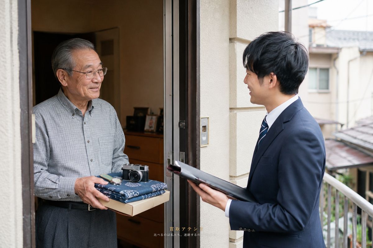 台東区の自宅玄関で住人が出張買取スタッフに品物を見せながら相談しているイメージ