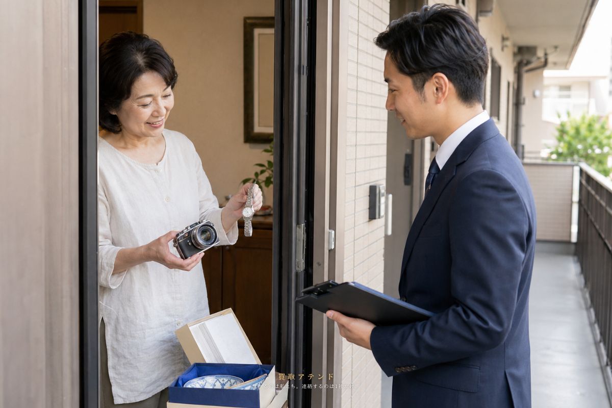 台東区の自宅玄関で住人が出張買取スタッフに品物を見せているイメージ