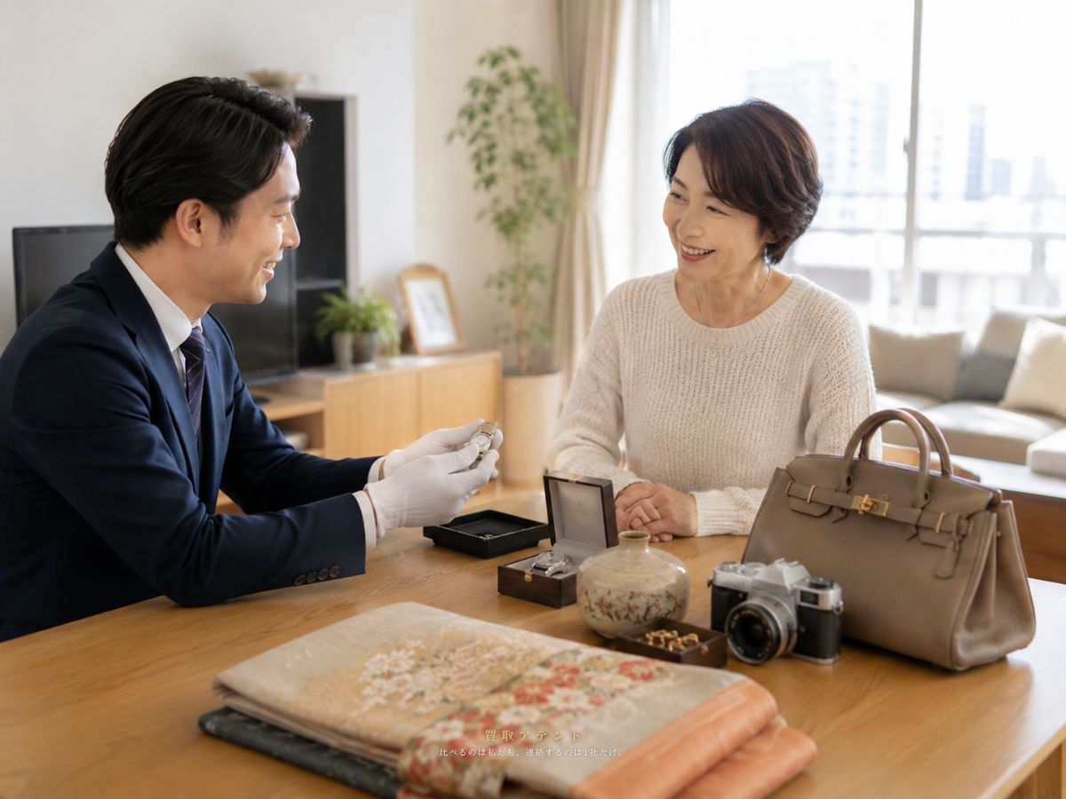 東京都内の自宅で出張買取の相談をしながら品物を確認しているイメージ