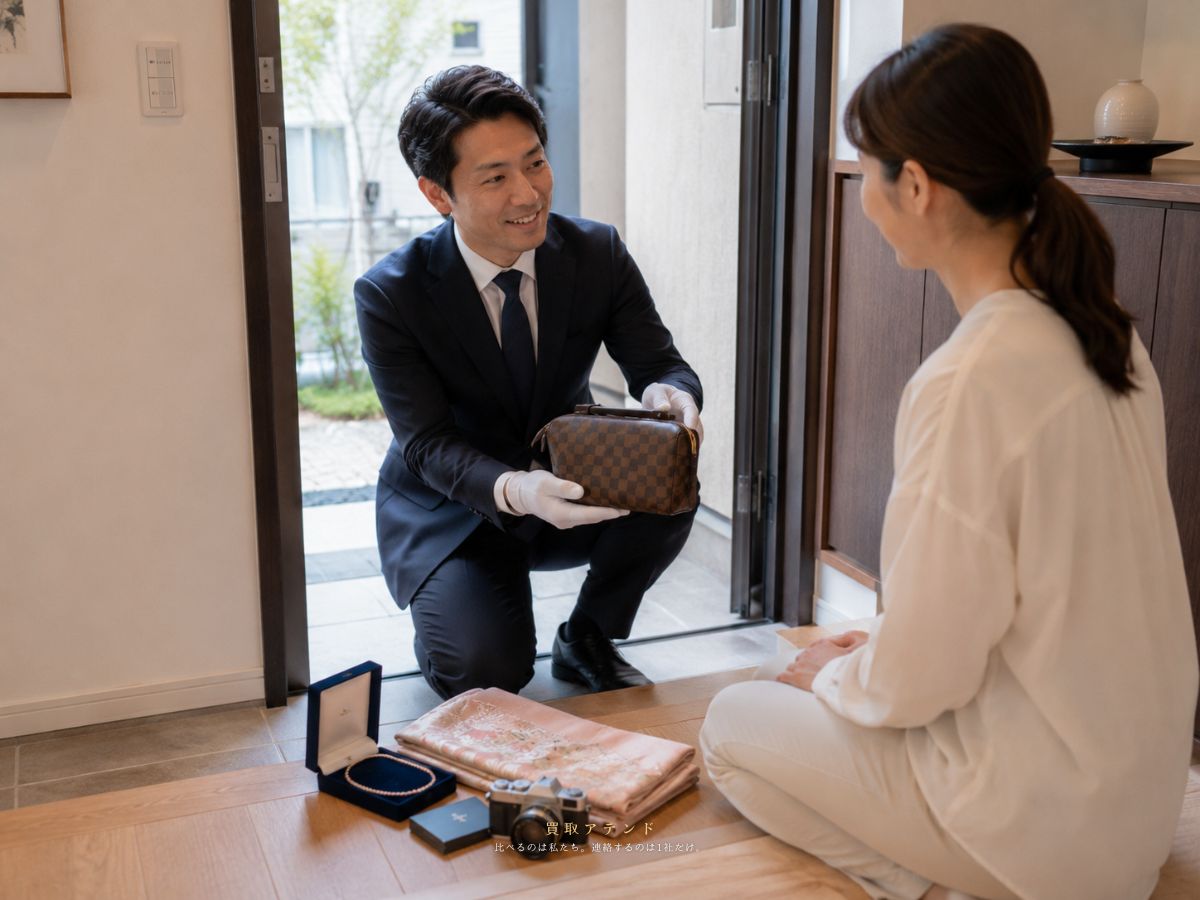東京都内の自宅玄関で出張買取スタッフが品物を査定しているイメージ