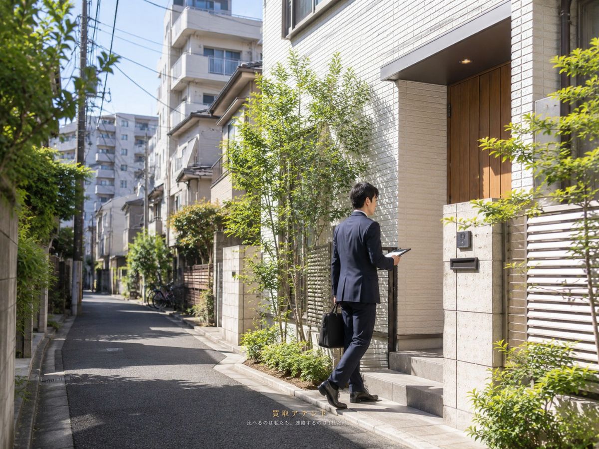 東京都内の住宅街やマンションへ出張買取スタッフが訪問するイメージ