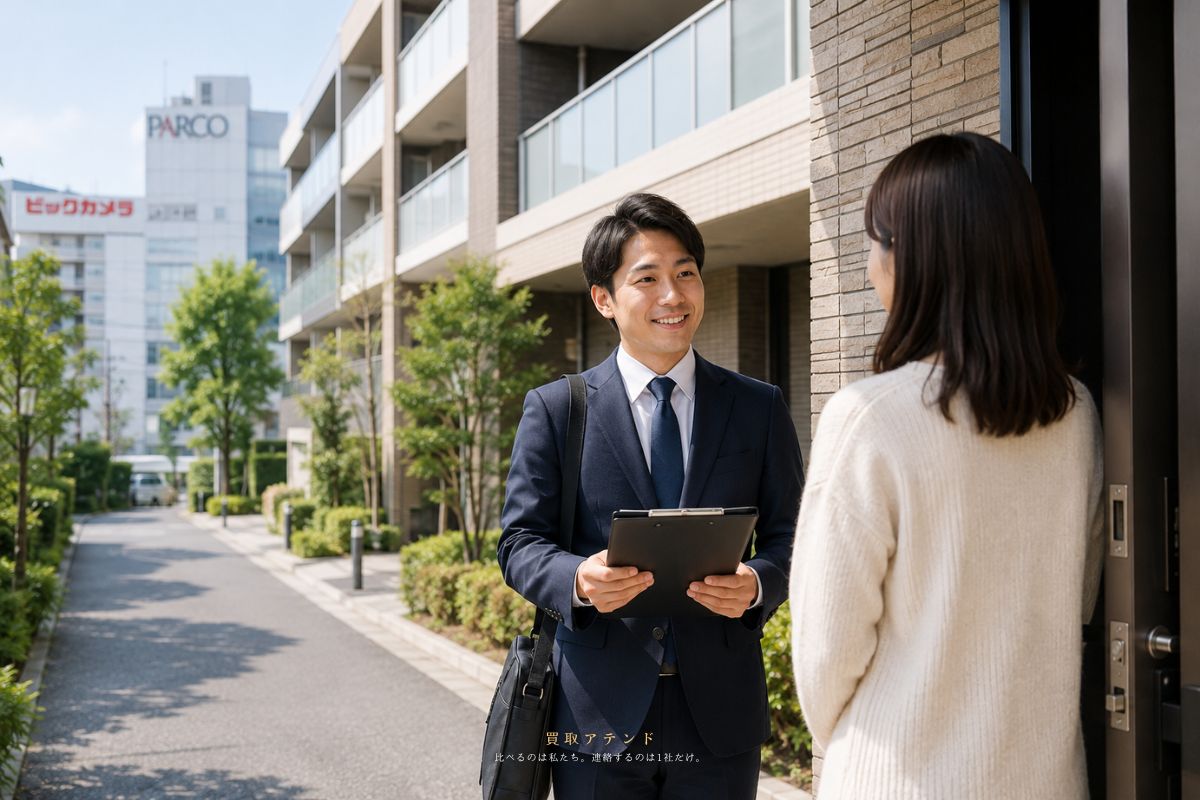 豊島区の住宅街やマンションへ出張買取スタッフが訪問するイメージ